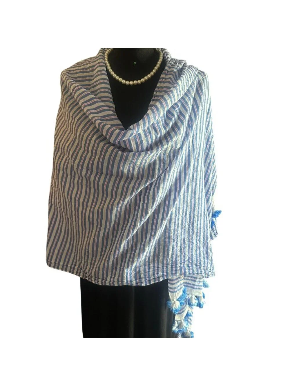 Kate Spade Candy Stripe Tassel Fringe Shawl Womens Wrap Scarf Cotton Sarong